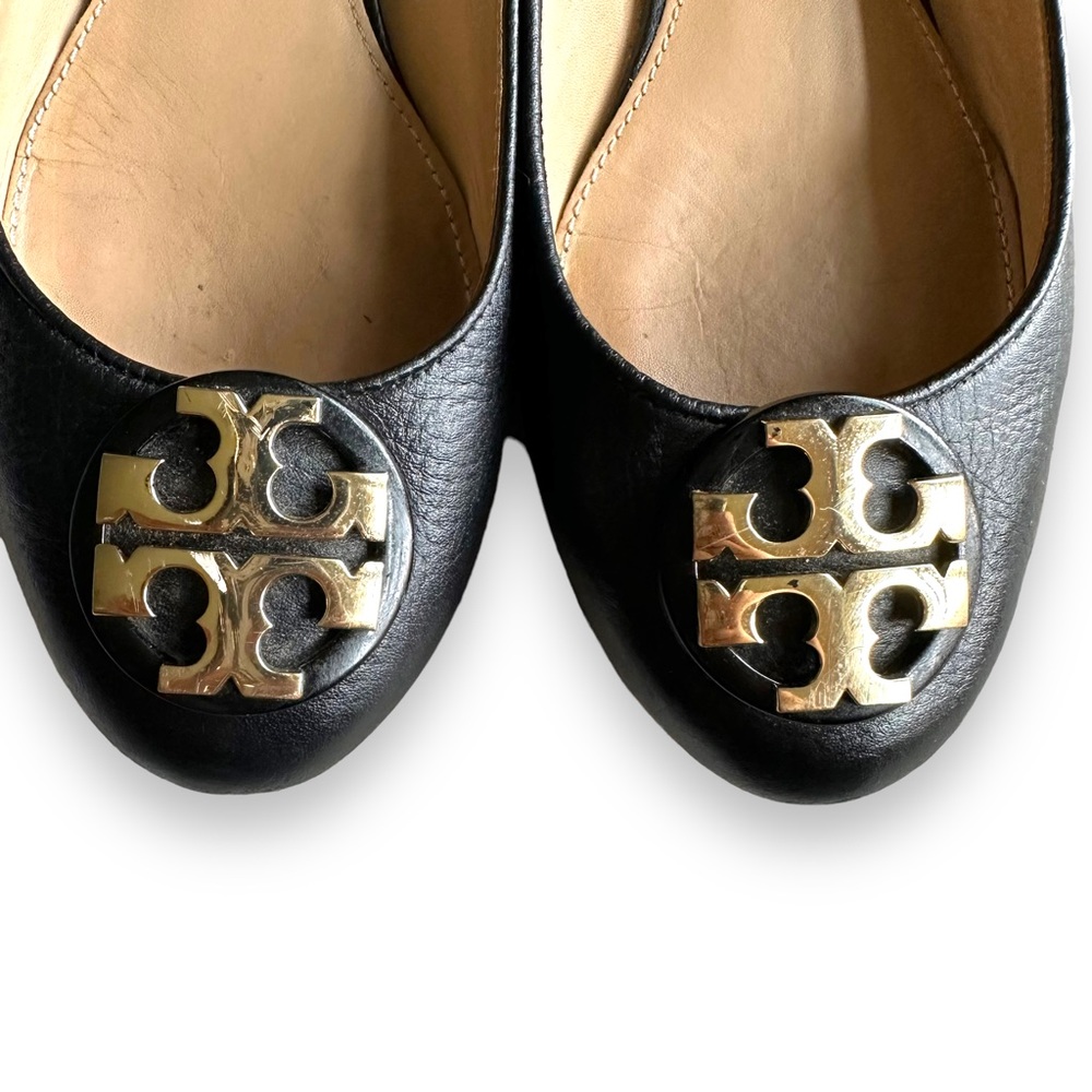 Tory Burch Black Leather Logo Ballet Flats with Gold Emblem - Picture 5 of 11